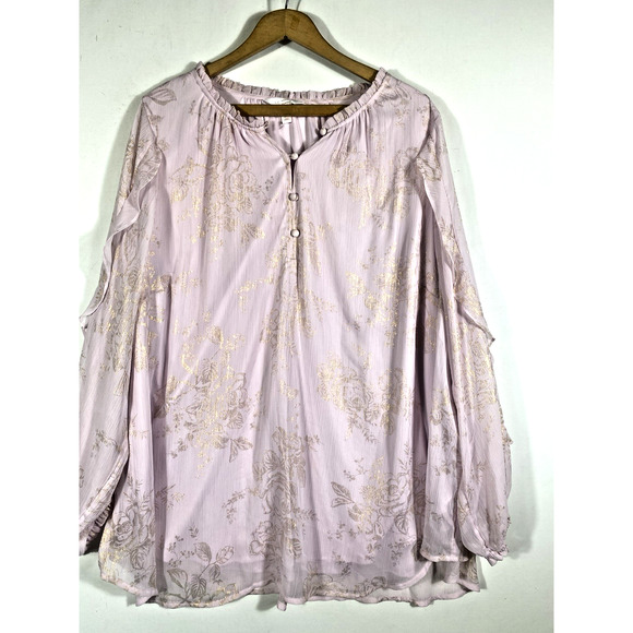 Lauren Conrad Tunic Top Sz 2X Pale Pink Chiffon Gold Floral Romantic Fairy Core - Picture 9 of 13